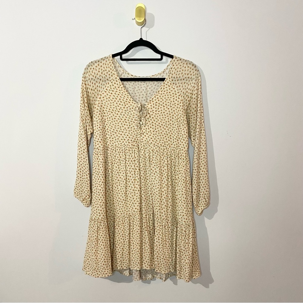 American Eagle Ivory Cream Orange Micro Floral Long Sleeve V-Neck Mini Dress